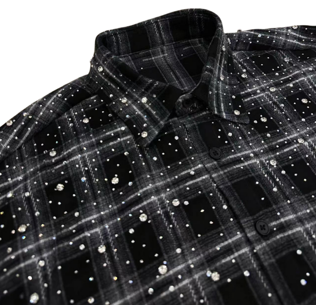 【GR75】Rhinestone Gem Check Shirts