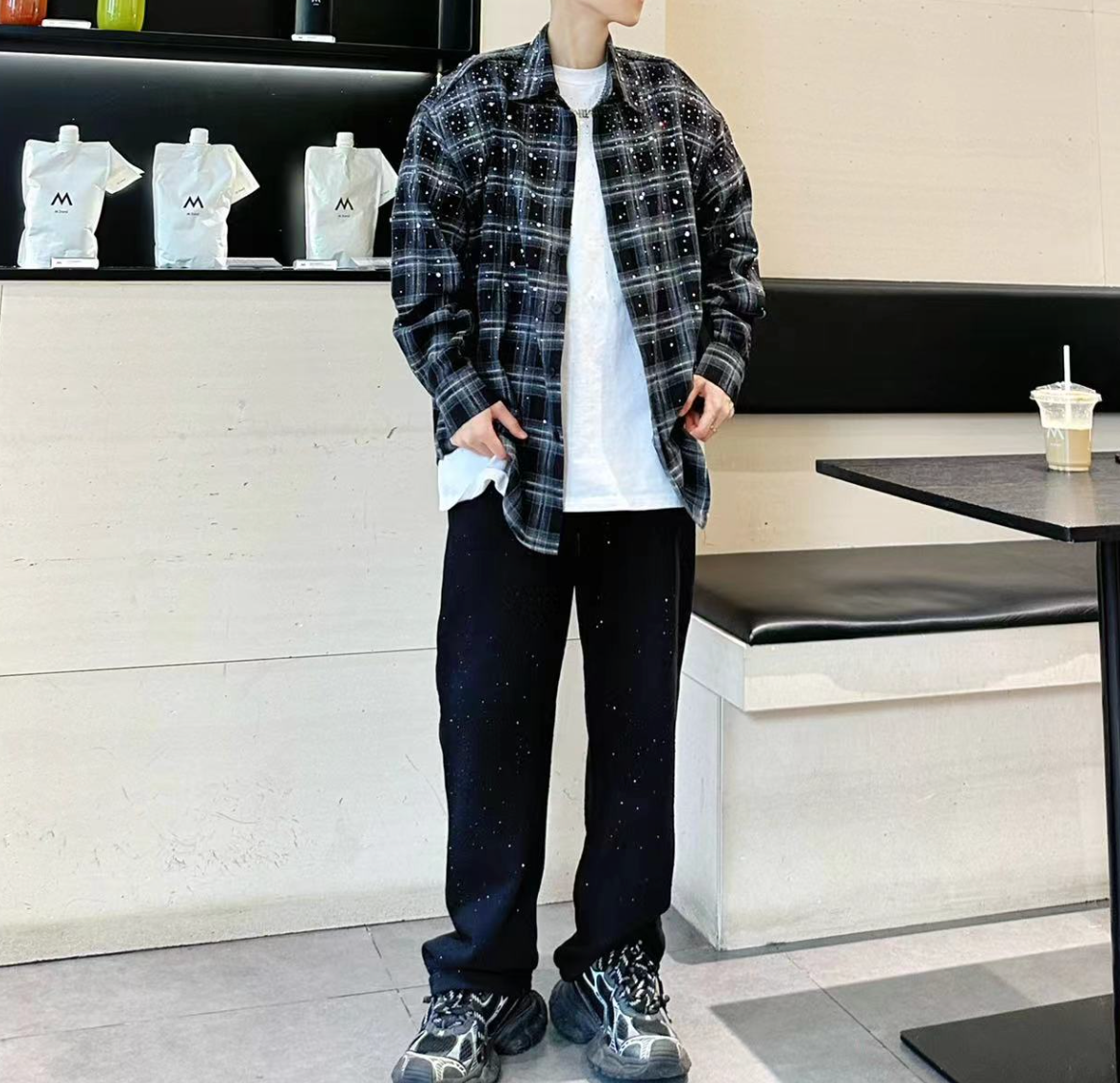 【GR75】Rhinestone Gem Check Shirts