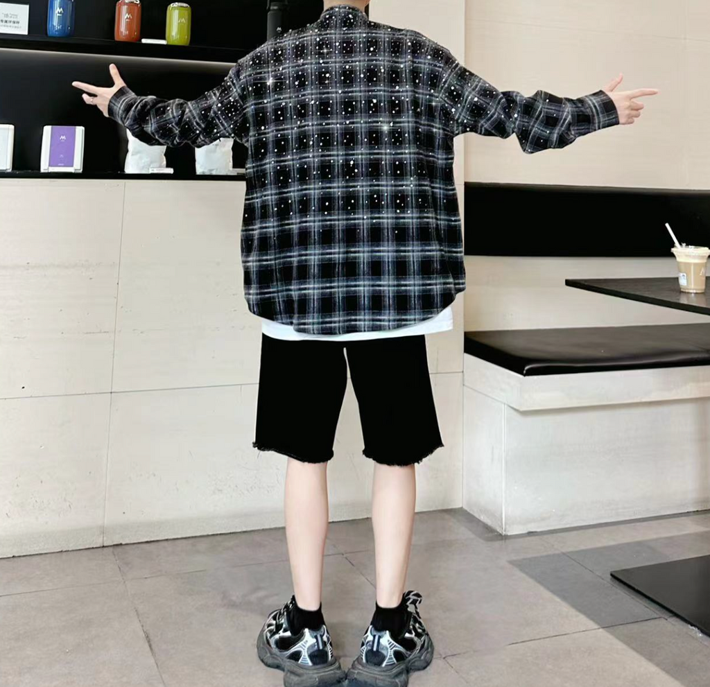 【GR75】Rhinestone Gem Check Shirts