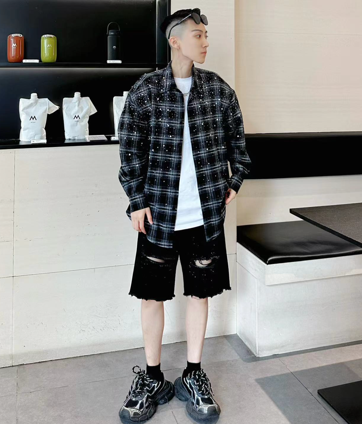 【GR75】Rhinestone Gem Check Shirts