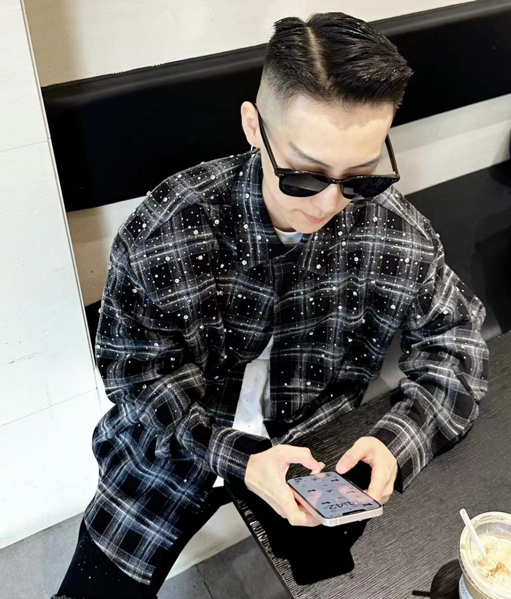 【GR75】Rhinestone Gem Check Shirts