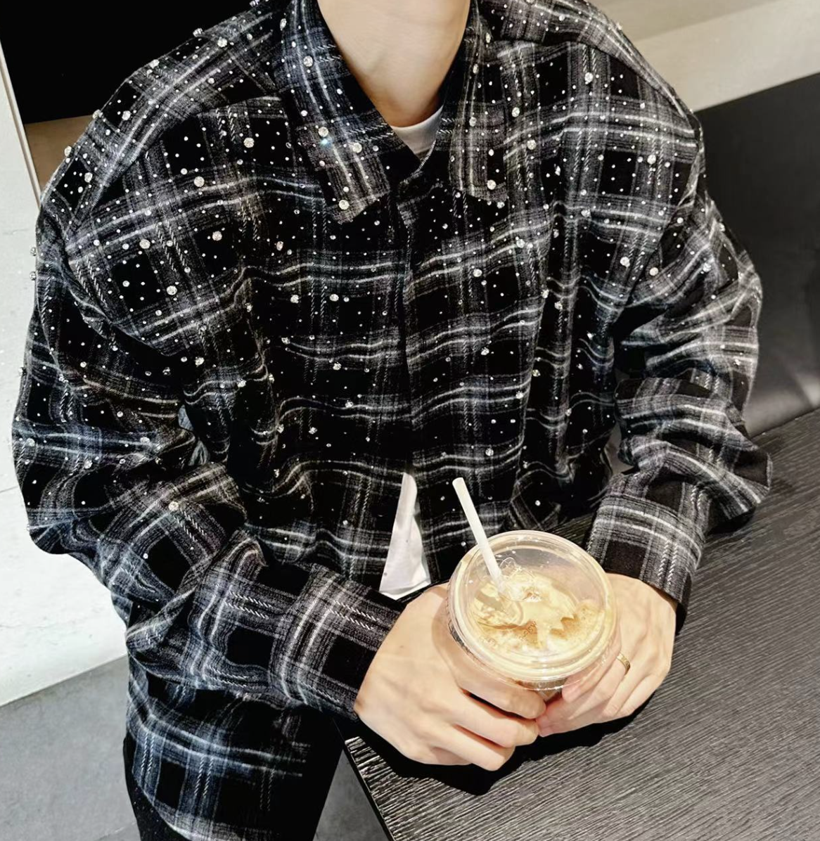 【GR75】Rhinestone Gem Check Shirts