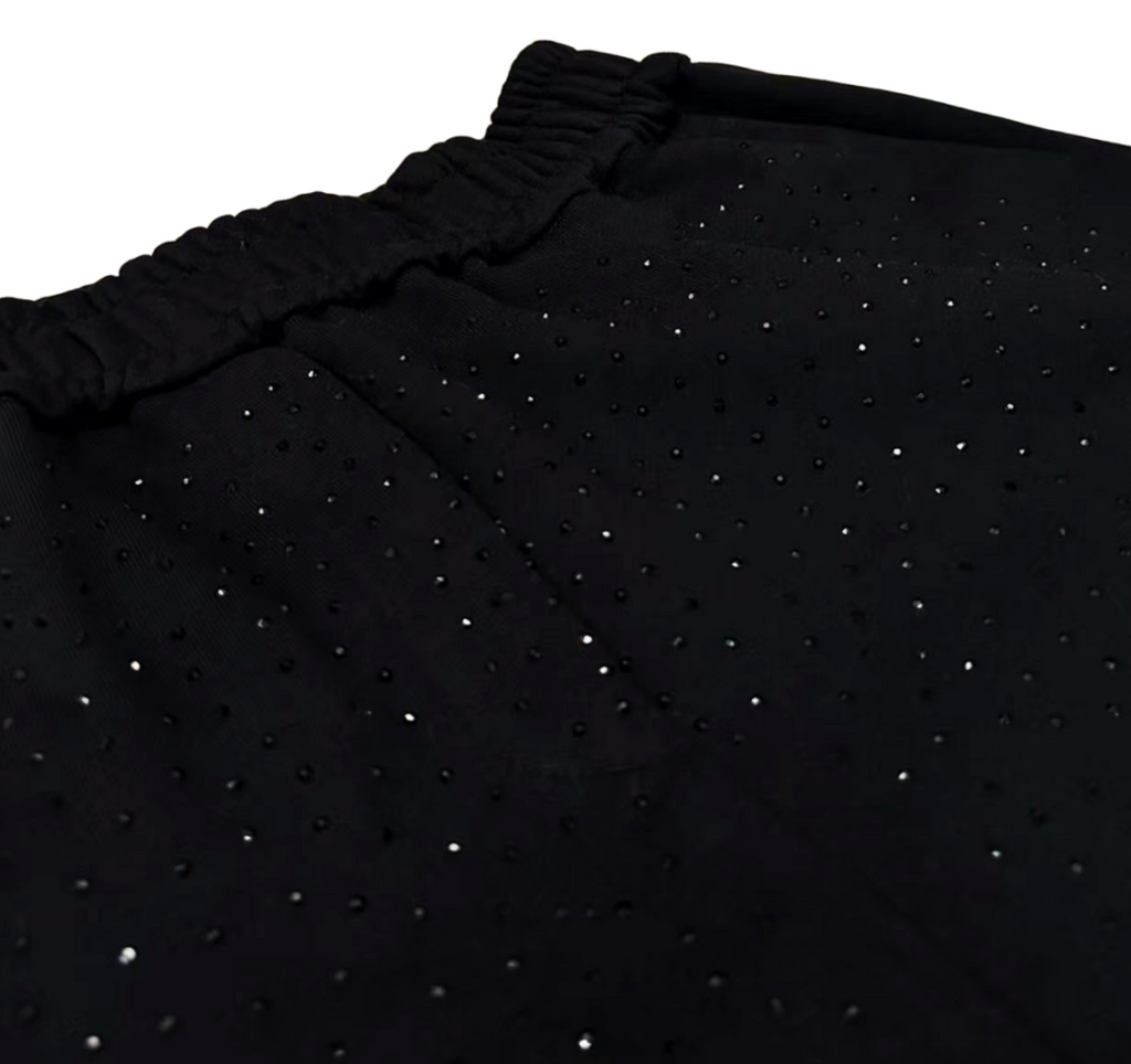 【GR77】Rhinestone Gem Sweat Pants Black