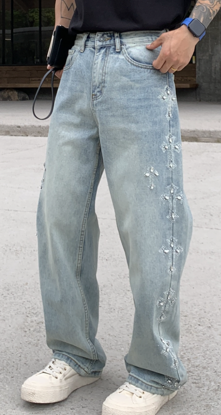 【GR84】Rhinestone Cross Denim