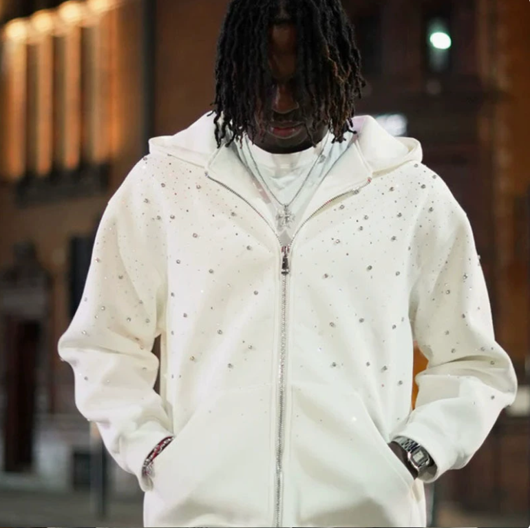 【GR54】Rhinestone Gem Zip Hoodie