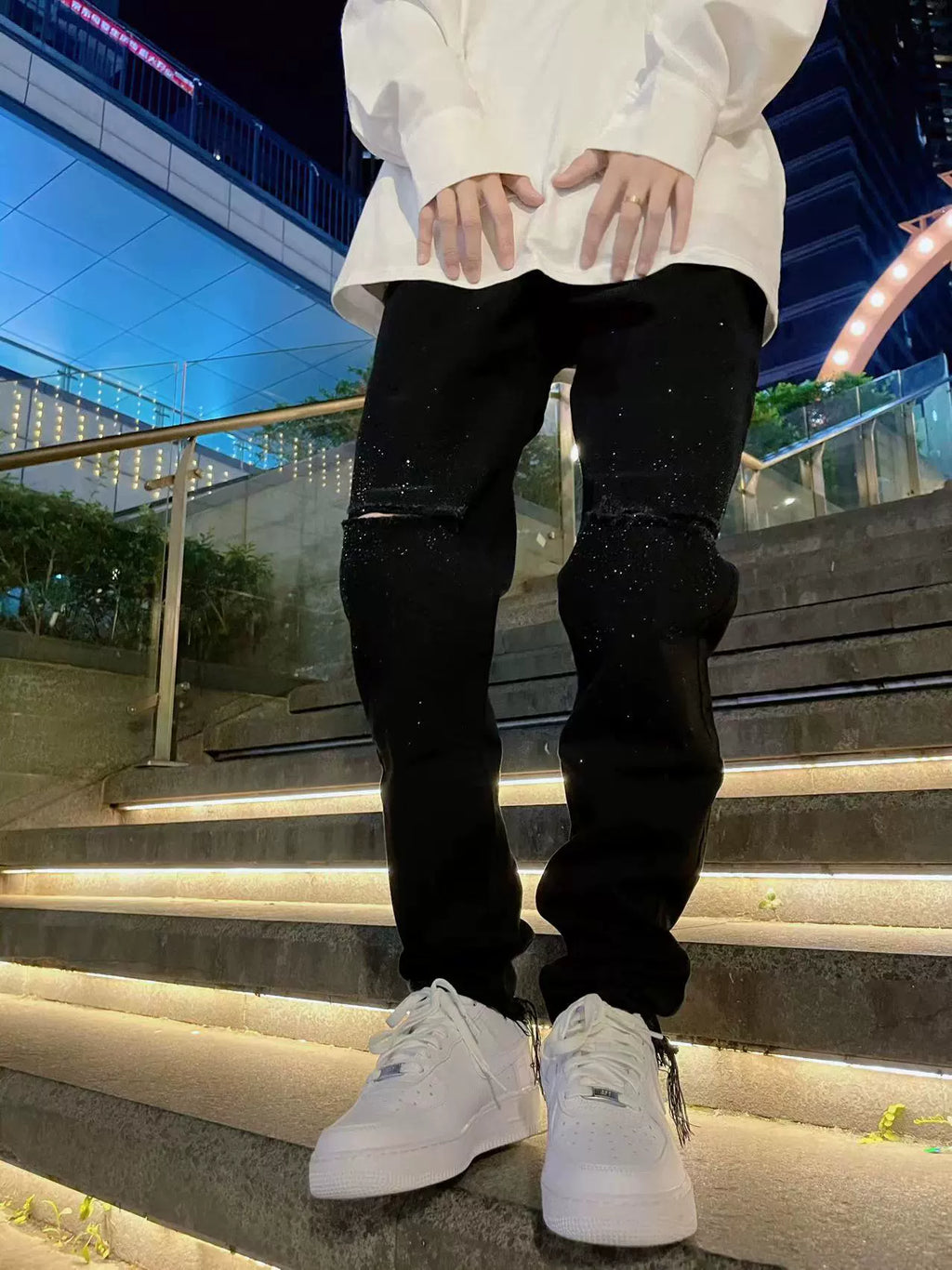 【GR77】Rhinestone Damaged Slim Fit Black Pants