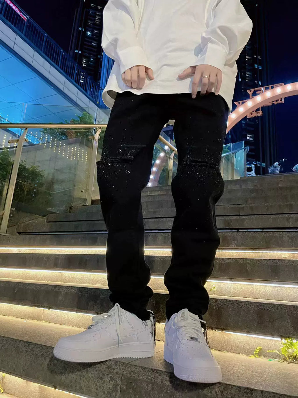 【GR77】Rhinestone Damaged Slim Fit Black Pants